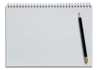 blank white spiral notebook and pencil isolated on white