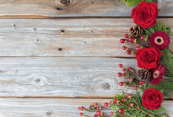 horizontal image of a group of bold red  roses and cranberries placed on one side of the image on...