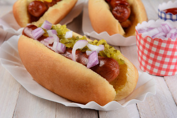 Closeup Hot Dog With Relish and Onions © Steve Cukrov