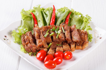 streaky pork fried with spicy dipping sauce, Thai food
