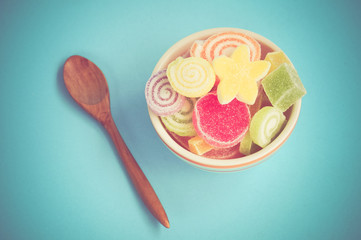 Colorful fruit-paste sweets with filter effect retro vintage sty