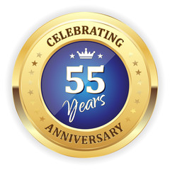 Fototapeta premium Blue celebrating 55 years badge with gold border