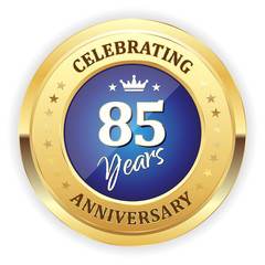 Blue celebrating 85 years badge with gold border