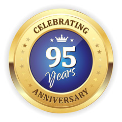 Blue celebrating 95 years badge with gold border