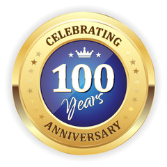 Blue celebrating 100 years badge with gold border