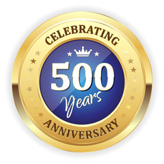 Blue celebrating 500 years badge with gold border