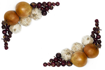 Garlic, red and bulb onion isolated on white background with room for your text.