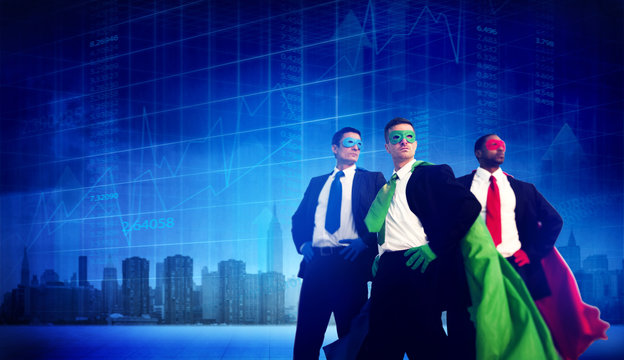 Superhero Business People Strength Cityscape Stock Exchange Conc