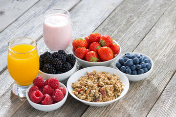 healthy breakfast with berries on wooden background