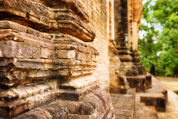 Closeup view of brickwork of Prasat Kravan temple in Cambodia