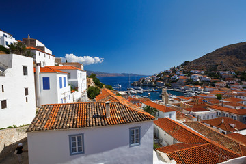 View of port of Hydra from the streets of the town.