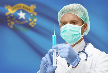 Doctor with syringe in hands and US states flags on background series - Nevada