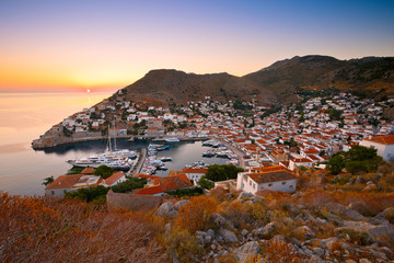 Fototapeta premium View of port of Hydra from a hill above the town.