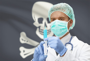 Doctor with syringe in hands and US states flags on background series - Jolly Roger