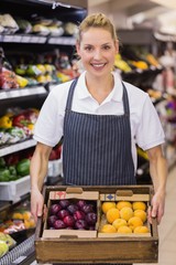 Portrait of a smiling worker holding a box with vegetables