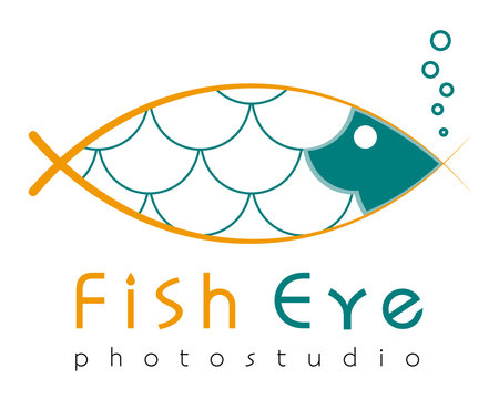 Logo template, grotesque fish-eye lens, flat style fish