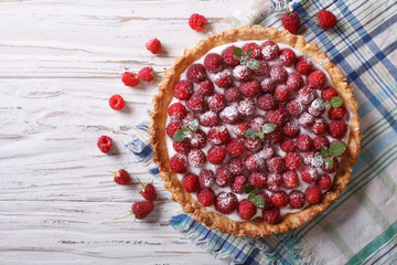 Fresh raspberry tart with cream cheese. horizontal top view
