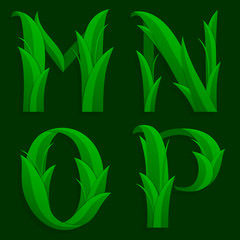 Fototapeta na wymiar Decorative Grass Initial Letters M, N, O, P. Vector illustration of alphabet letters in caps, the M, N, O, P in the grass design over a dark green background.