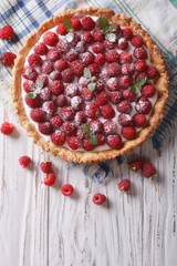 Fresh raspberry tart with cream cheese. vertical top view
