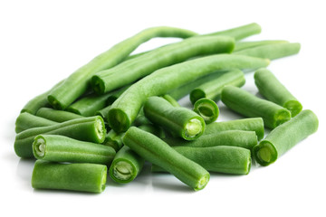 Whole French green string beans cut and isolated on white.