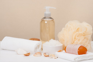 Obraz na płótnie Canvas Liquid Soap, Aromatic Bath Salt And Other Toiletry