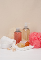 Fototapeta na wymiar Liquid Soap, Aromatic Bath Salt And Other Toiletry