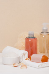 Fototapeta na wymiar Liquid Soap, Aromatic Bath Salt And Other Toiletry