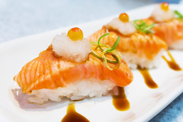 Grilled salmon sushi  with selective focus point
