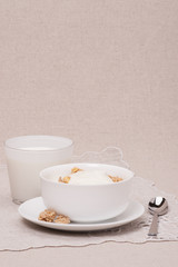 Muesli With Yogurt Breakfast. Natural Linen Background