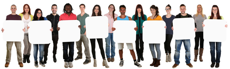 Gruppe junge Leute People halten Textfreiraum für acht Buchstab