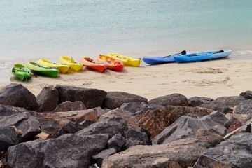 Colorful kayaks on the beach of Fuerteventura a canary island belonging to Spain