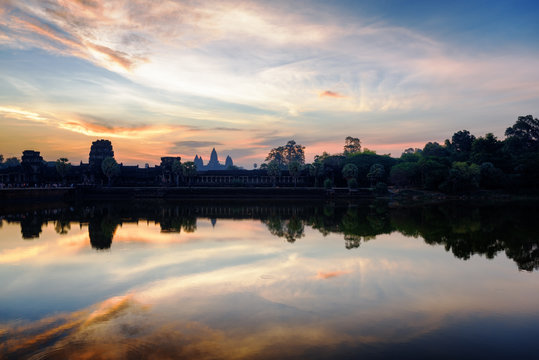 Ancient temple Angkor Wat at sunrise. Siem Reap, Cambodia