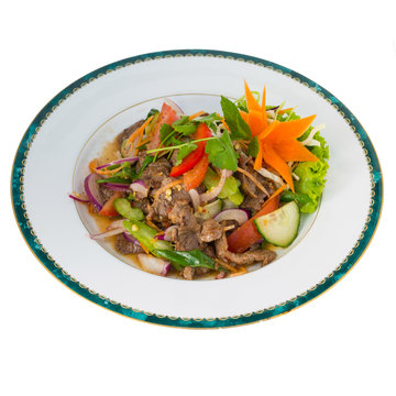 Thai Spicy Beef Salad (Yum Nua) isolated on white