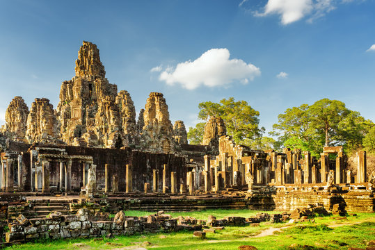 Stone faces of ancient Bayon temple. Angkor Thom, Cambodia
