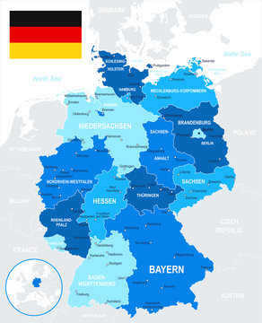 Germany - map and flag -highly detailed vector illustration.Image contains next layers land contours, country and land names, city names,  water object names.
- flag