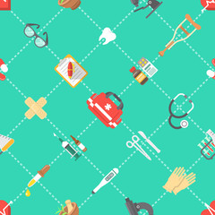 Stoffe zum Nähen Moderne flache Vektor nahtlose Muster mit verstreuten Ikonen der Medizin, Erste Hilfe, Gesundheitsversorgung, Versicherung, Behandlung, Medikamente und medizinische Geräte. Packpapier, Tapete, Website-Hintergrund