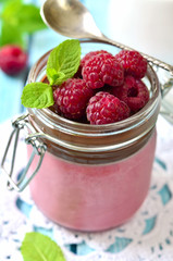 Raspberry pannacotta with chocolate.