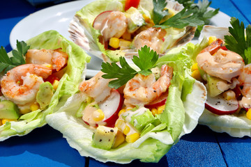 Shrimp salad on a blue background
