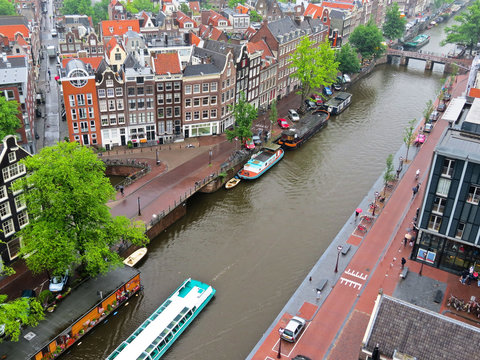 Aerial view of canals of Amsterdam, Netherlands