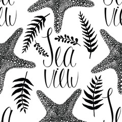 Starfish and fern leaves background