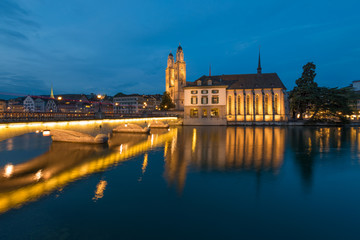 Image of Zurich with Grossmünster during twilight.