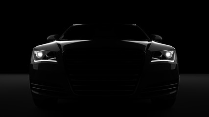 Computer generated image of a sports car, studio setup, on a dark background.