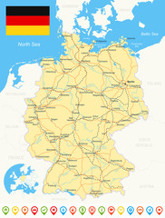 Germany map, flag, navigation icons, roads, rivers, city names, flag, railways, water object names, country and land names. Highly detailed vector illustration.