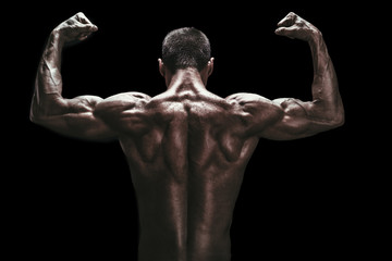 muscle man back on black background, bodybuilding athlete portra