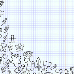 Doodle paper clips of various shapes drawn on a school notebook. Vector illustration. Variation forms