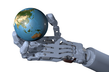 Fototapeta premium Industrial robot hand holds globe, high-quality 3D image. White background, focused on Asia and Australia. (Elements of this image furnished by NASA- earthmap http://visibleearth .nasa.gov)