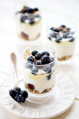 Delicious blueberries, greek yogurt and granola parfaits