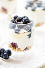 Delicious blueberries, greek yogurt and granola parfaits