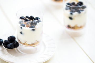 Delicious blueberries, greek yogurt, agave syrup, flax seeds and