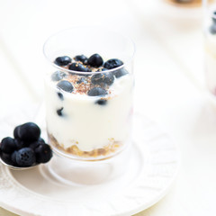 Delicious blueberries, greek yogurt, agave syrup, flax seeds and